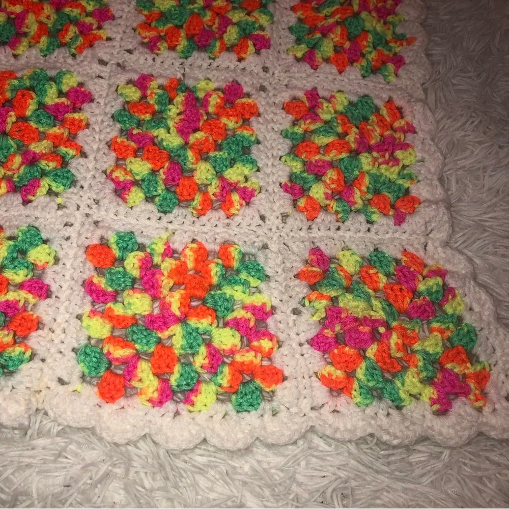 Handmade Crochet Blanket Granny Squares Bright Multi Color Blanket 35” x 34”